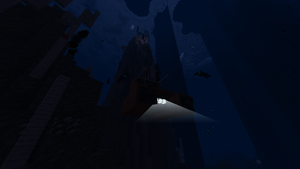 A Submarine in the Abyssal Chasms with its lights on.
